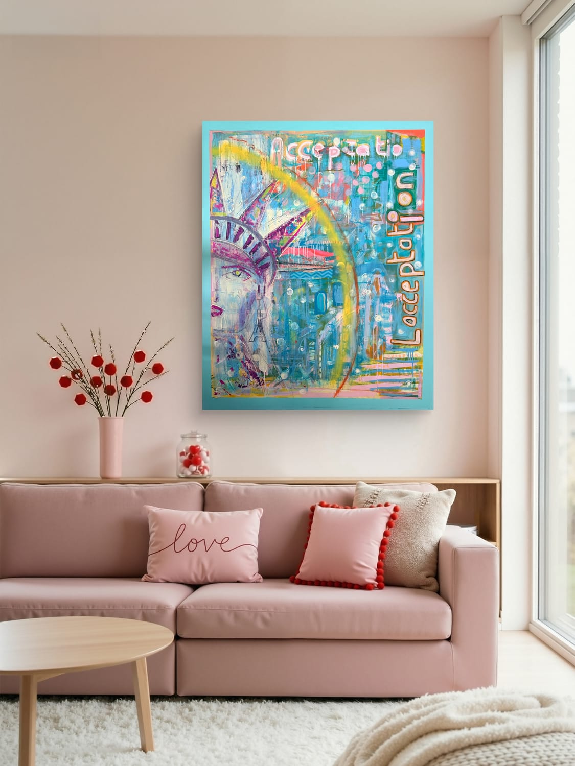 Acceptance above a pink sofa