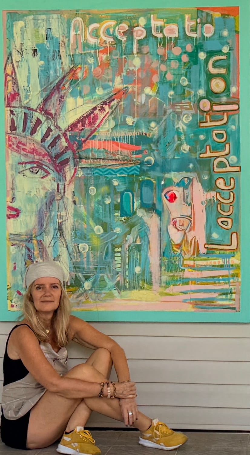 Sandrine Daubord in front of her painting Acceptance