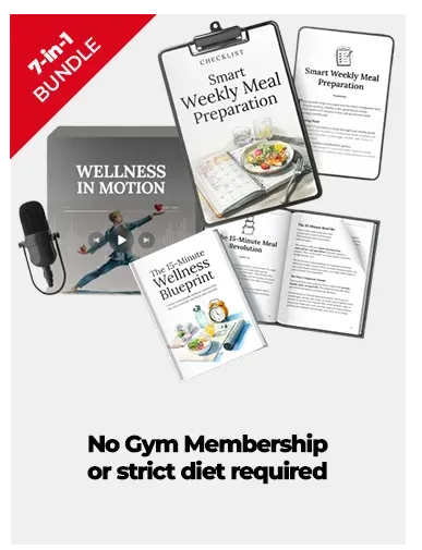 Promotional graphic for a '7-in-1 Bundle' focused on efficient health. The image displays several digital products: 'The 15-Minute Wellness Blueprint' guide, 'The 15-Minute Meal Revolution' manual, a 'Smart Weekly Meal Preparation' checklist on a clipboard, and a 'Wellness In Motion' video course interface. A red banner in the top left corner specifies '7-in-1 BUNDLE' and the bottom text reads, 'No Gym Membership or strict diet required.'