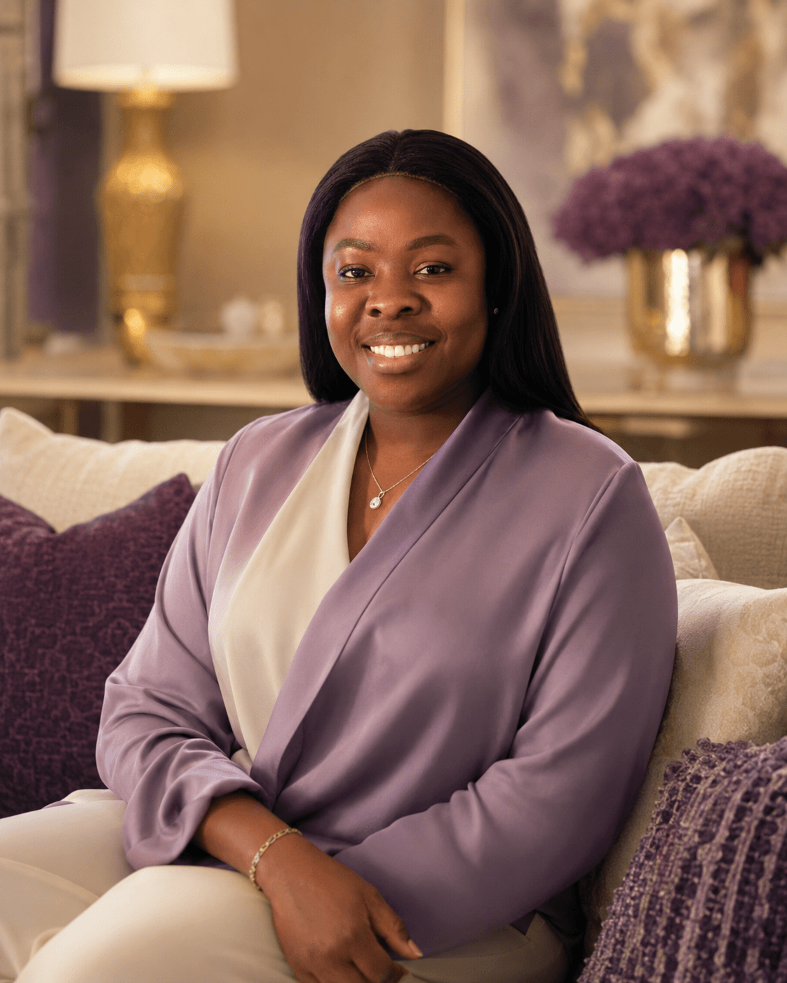 Francisca Dapaah in a warmly lit living room