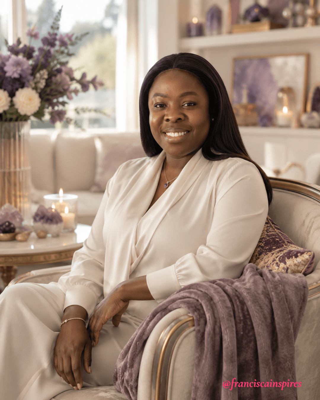Francisca Dapaah seated on a couch in a warm, softly lit room