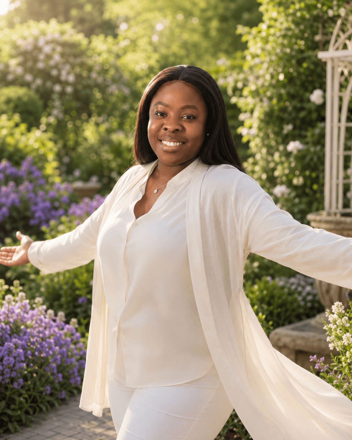 Francisca Dapaah smiling in a sunlit garden
