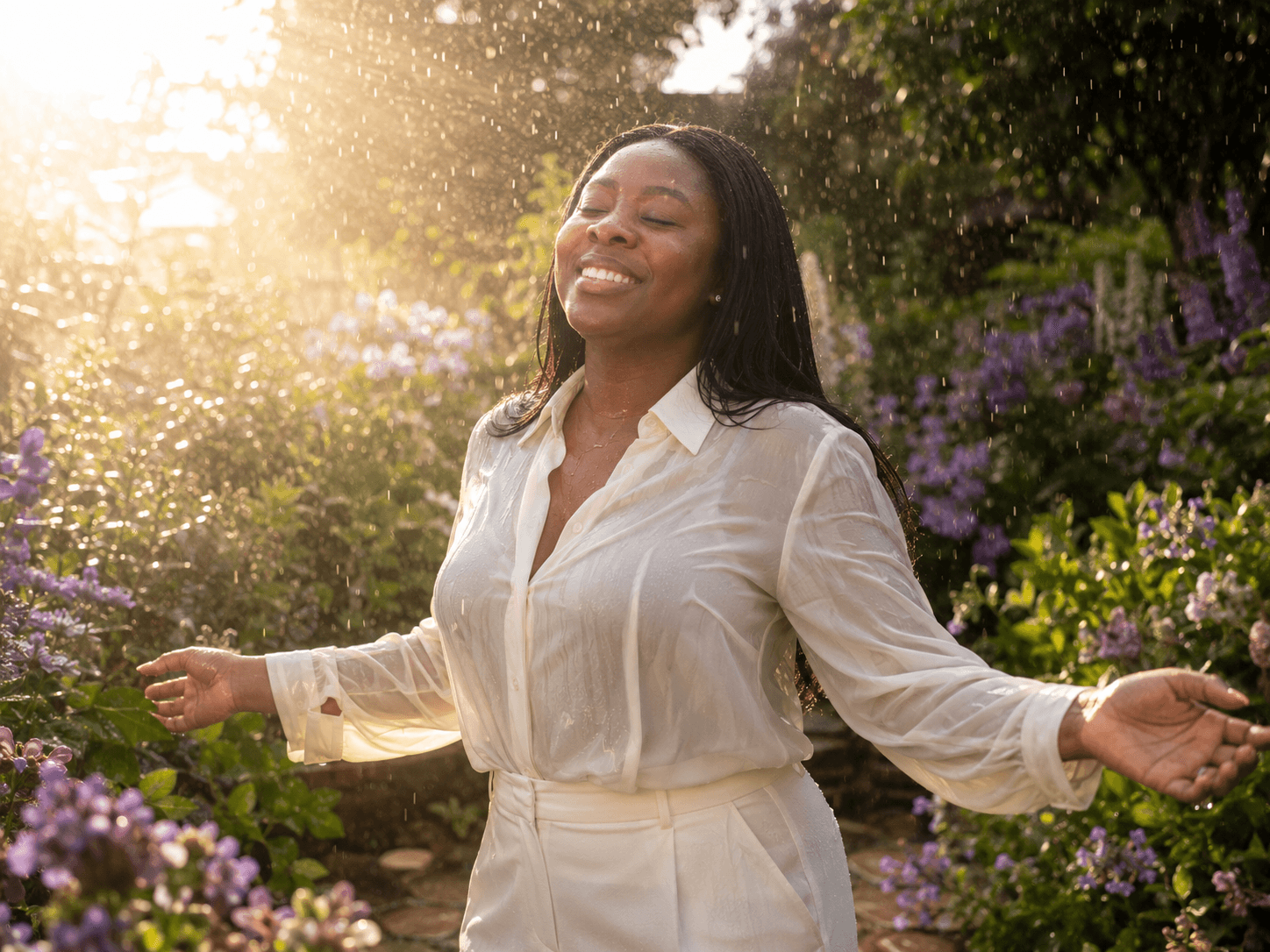 Francisca Dapaah standing beside water in a sunlit garden