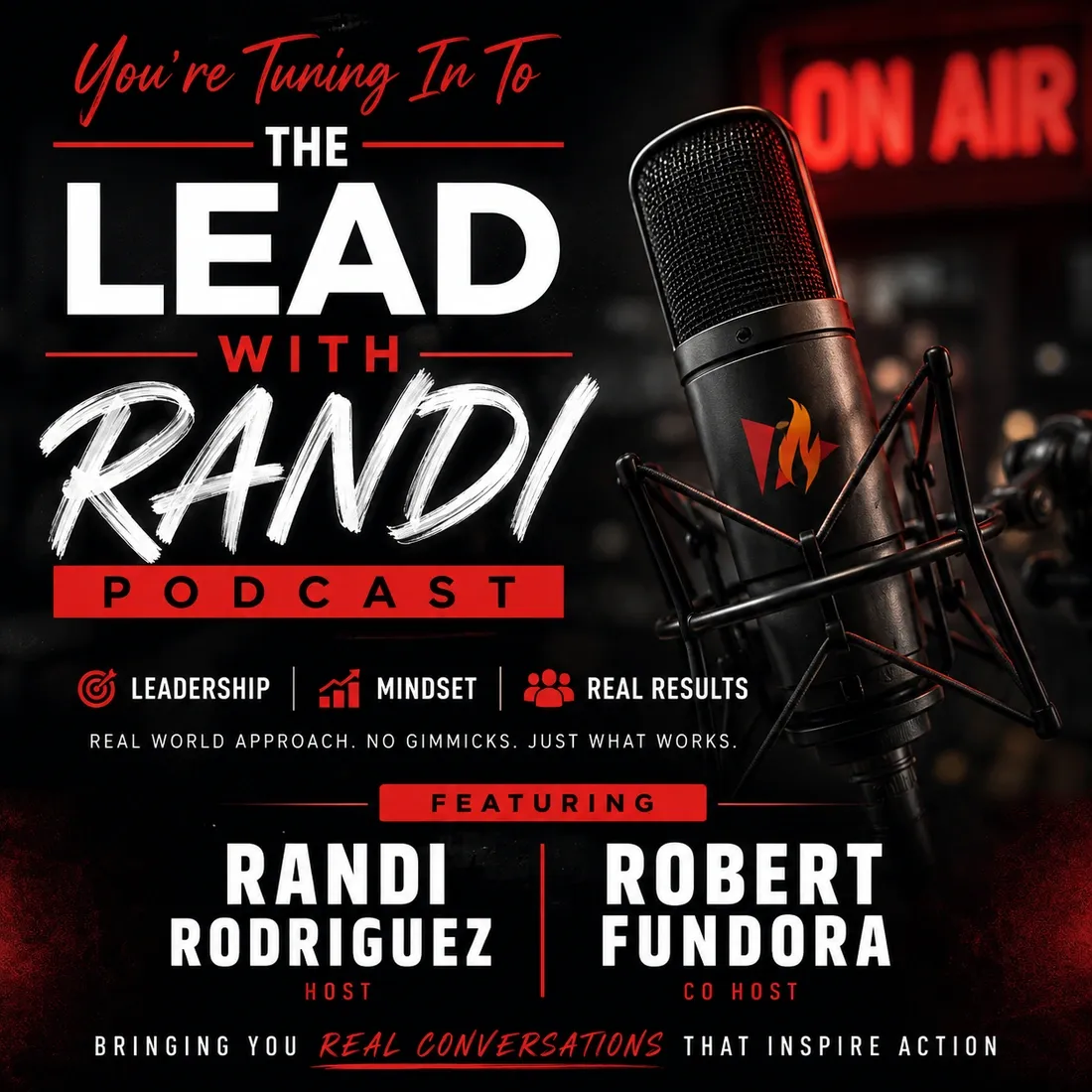 Lead With Randi Podcast artwork featuring host Randi Rodriguez and cohost Robert Fundora