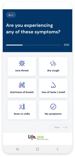 LifeRISK app health survey screen