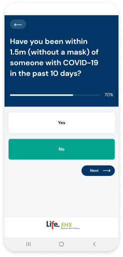 LifeRISK app health survey question screen