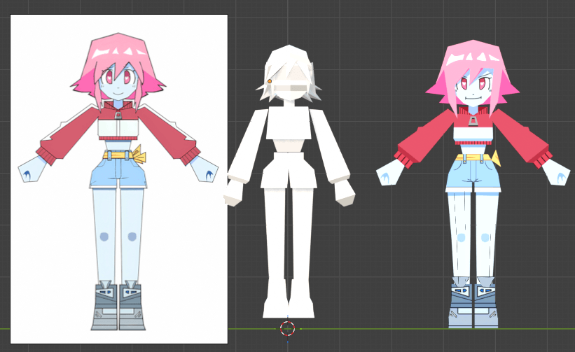 The Love-chan blockout next to the Love-chan reference and final model.