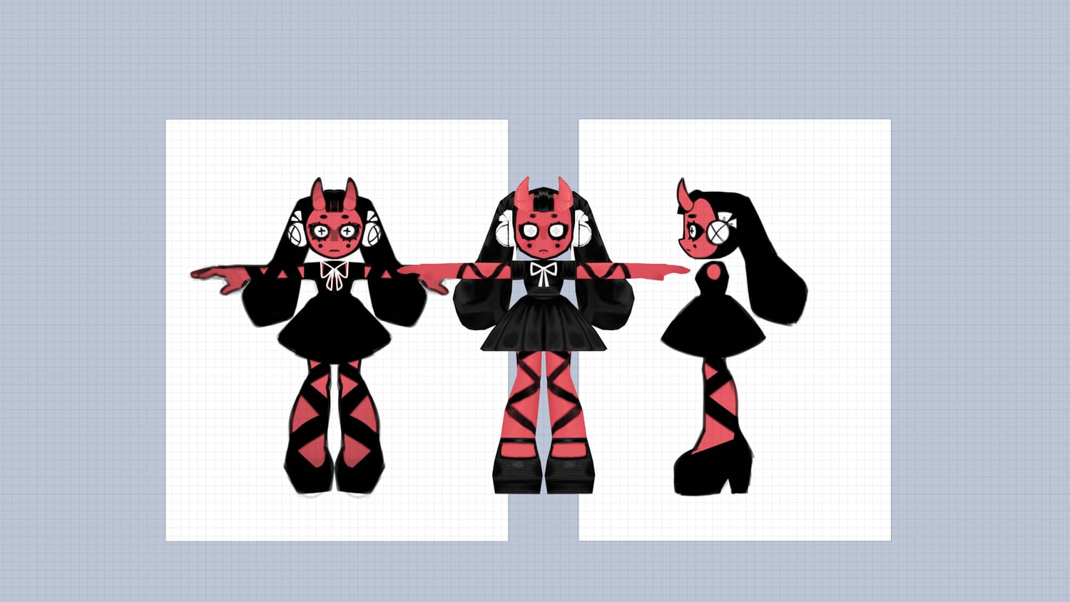 A character reference with the modeled character in the middle.