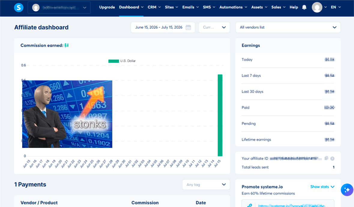 Systeme.io affiliate dashboard showing earnings breakdown and affiliate ID