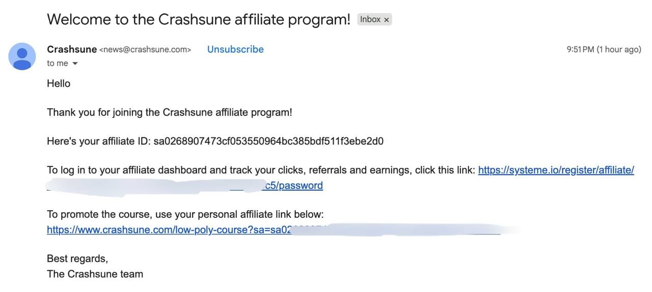 Welcome to the Crashsune affiliate program email with affiliate ID and referral link