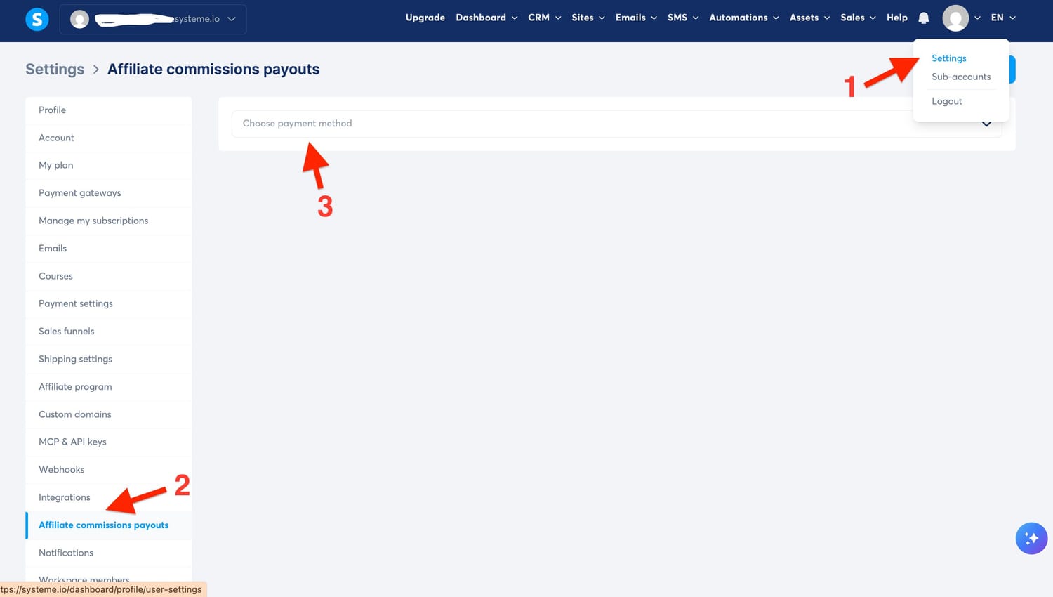 Systeme.io Settings, Payment gateways page with Stripe, PayPal, Mercado Pago, Razorpay, Flutterwave and Mollie connect buttons
