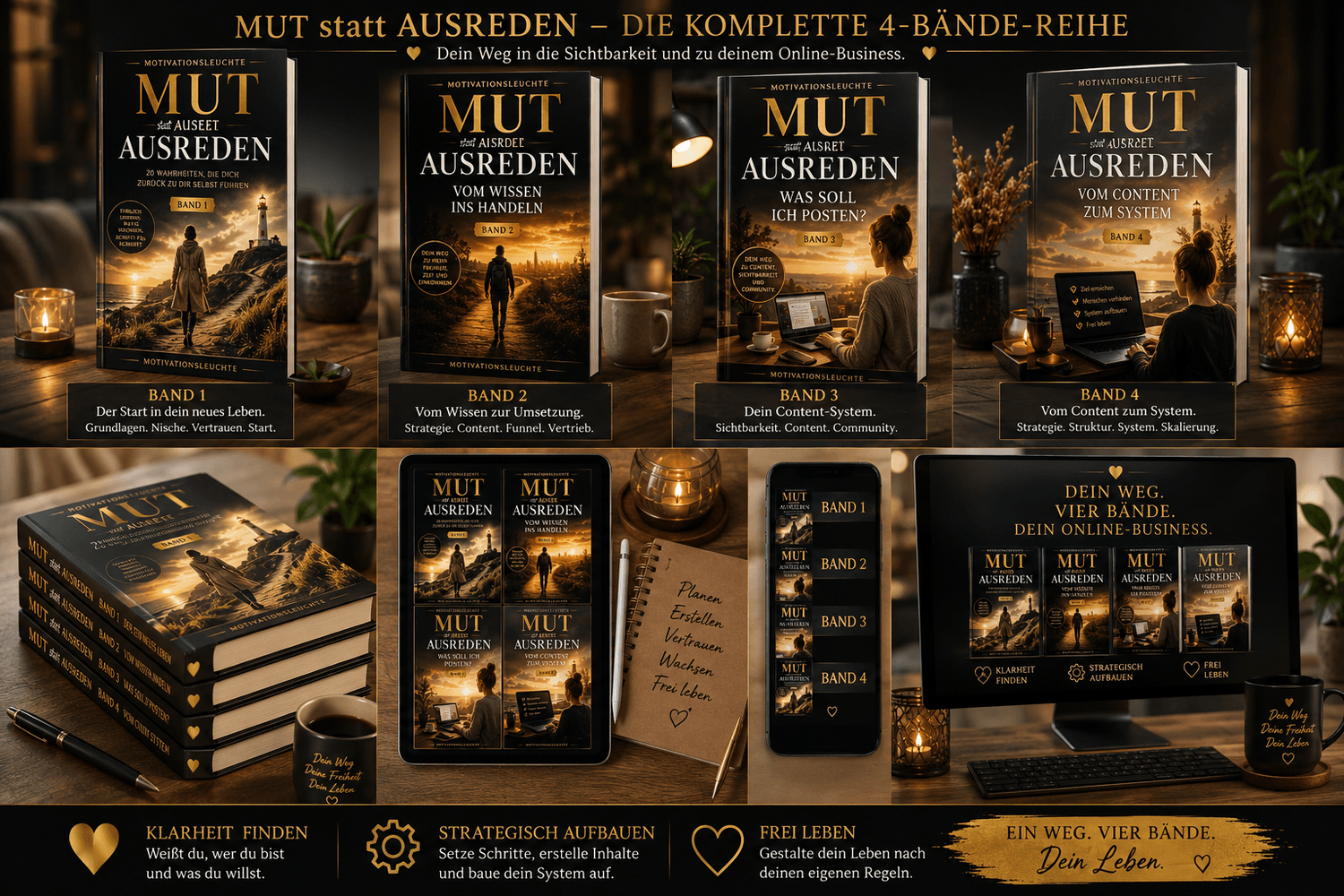 Produktabbildung aller vier Bände der Reihe „Mut statt Ausreden“