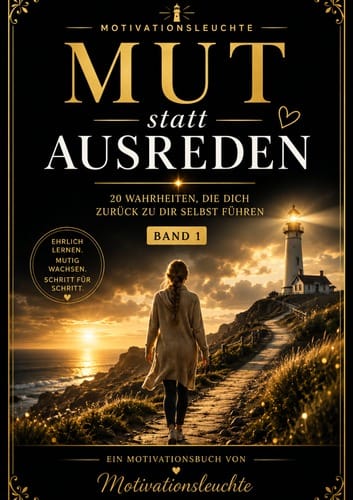 Buchcover „Mut statt Ausreden – Band 1“ mit Leuchtturm und Weg am Meer