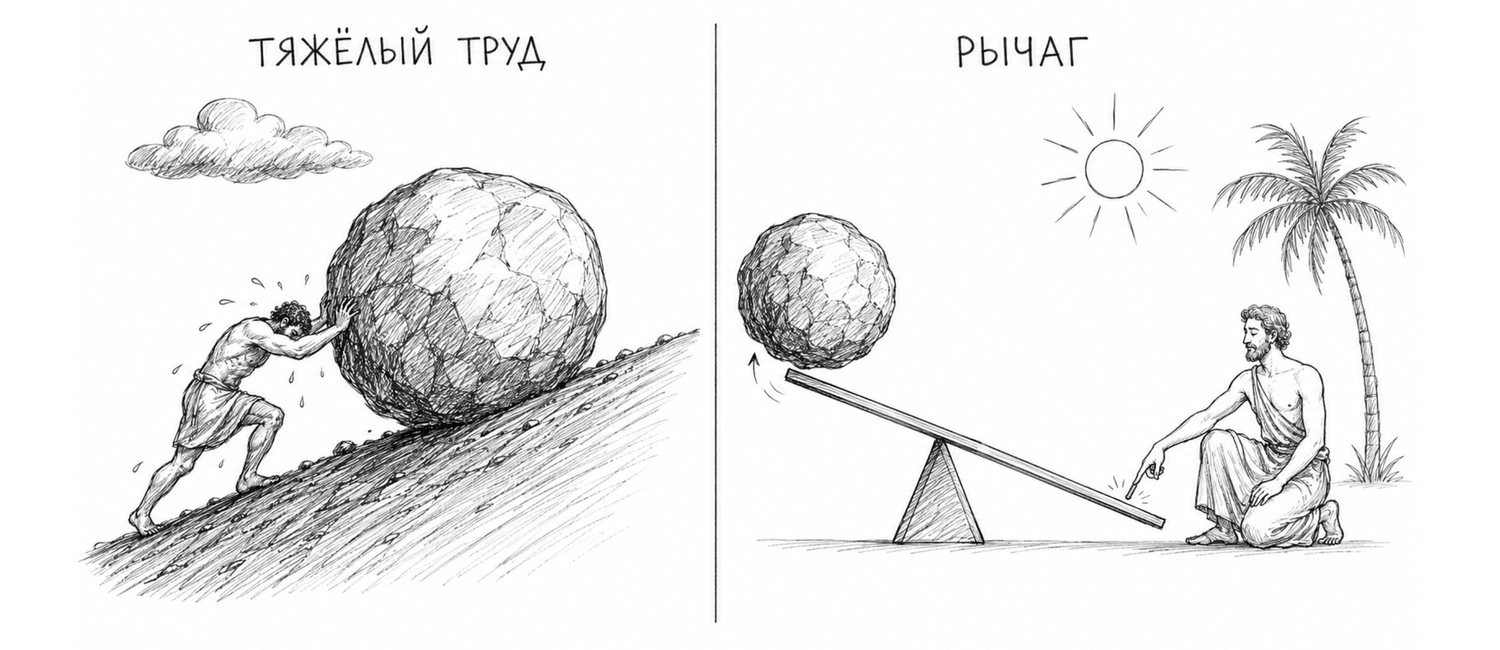 Тяжёлый труд против рычага — иллюстрация принципа минимального эффективного усилия