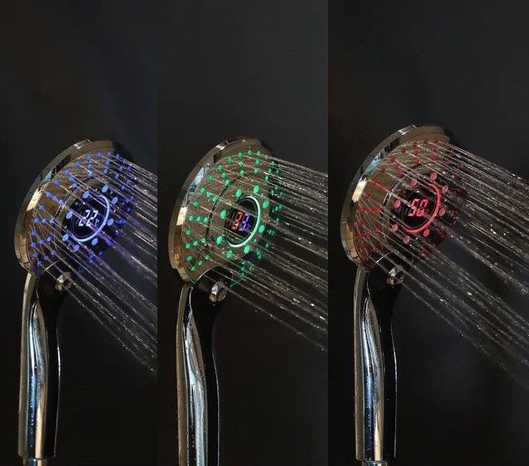 The same shower head glowing blue, green and red as the water temperature changes