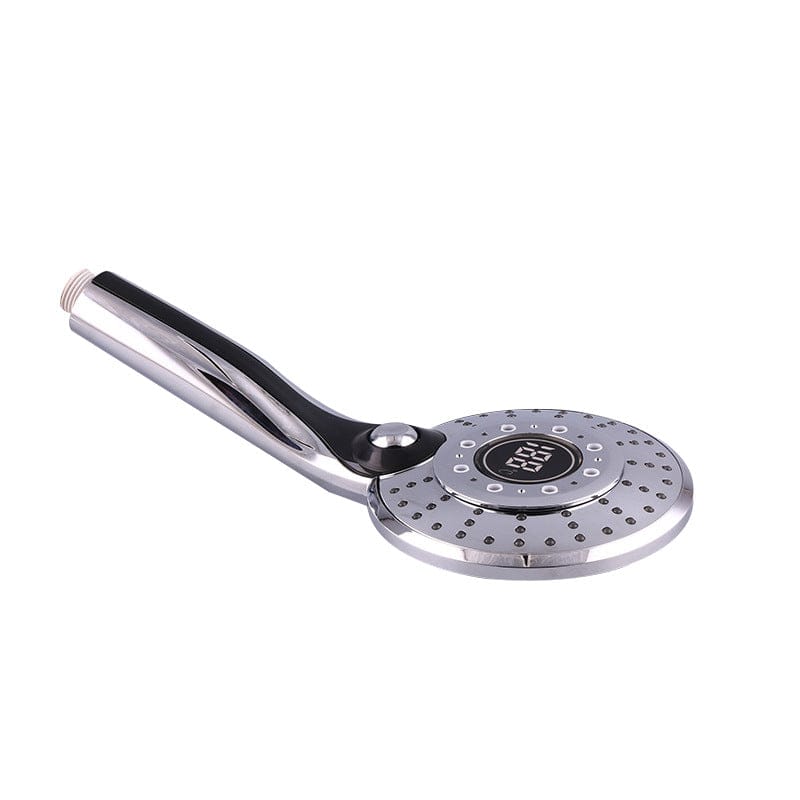 Chrome handheld shower head with a small digital temperature display in its face