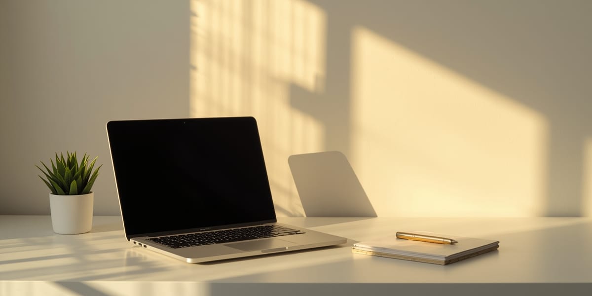 college student desk planner laptop warm light