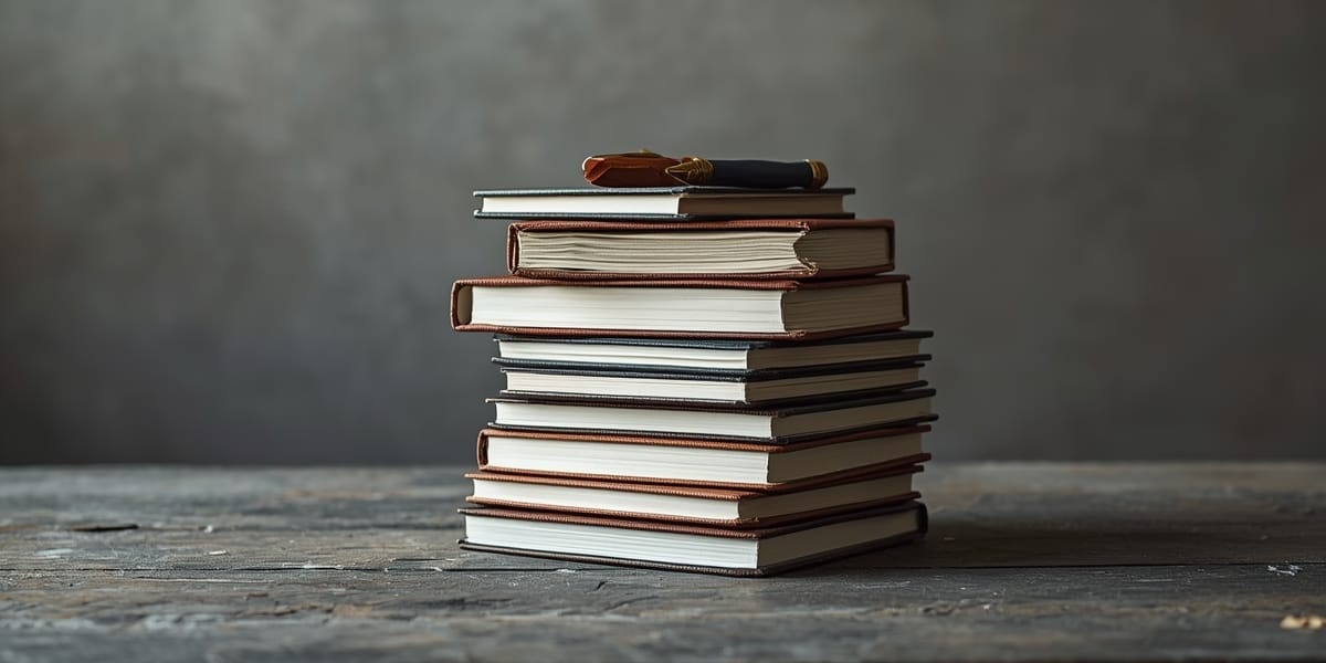 stack of abandoned planners notebooks desk