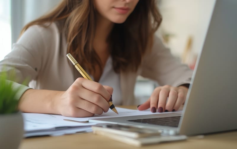 young woman filling out application laptop