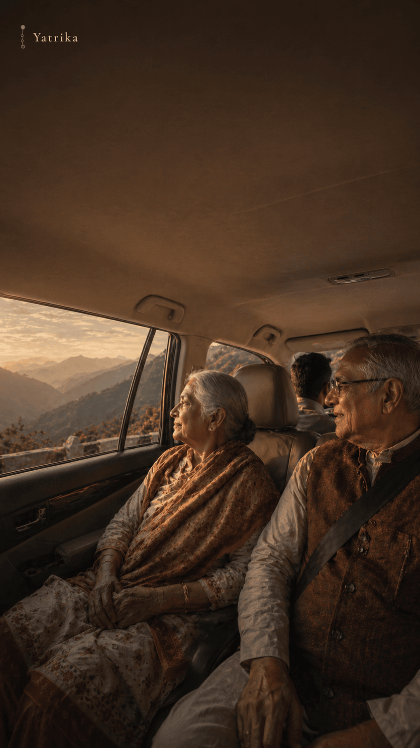 Senior citizens travelling comfortably in a private Innova for Char Dham Yatra with Yatrika