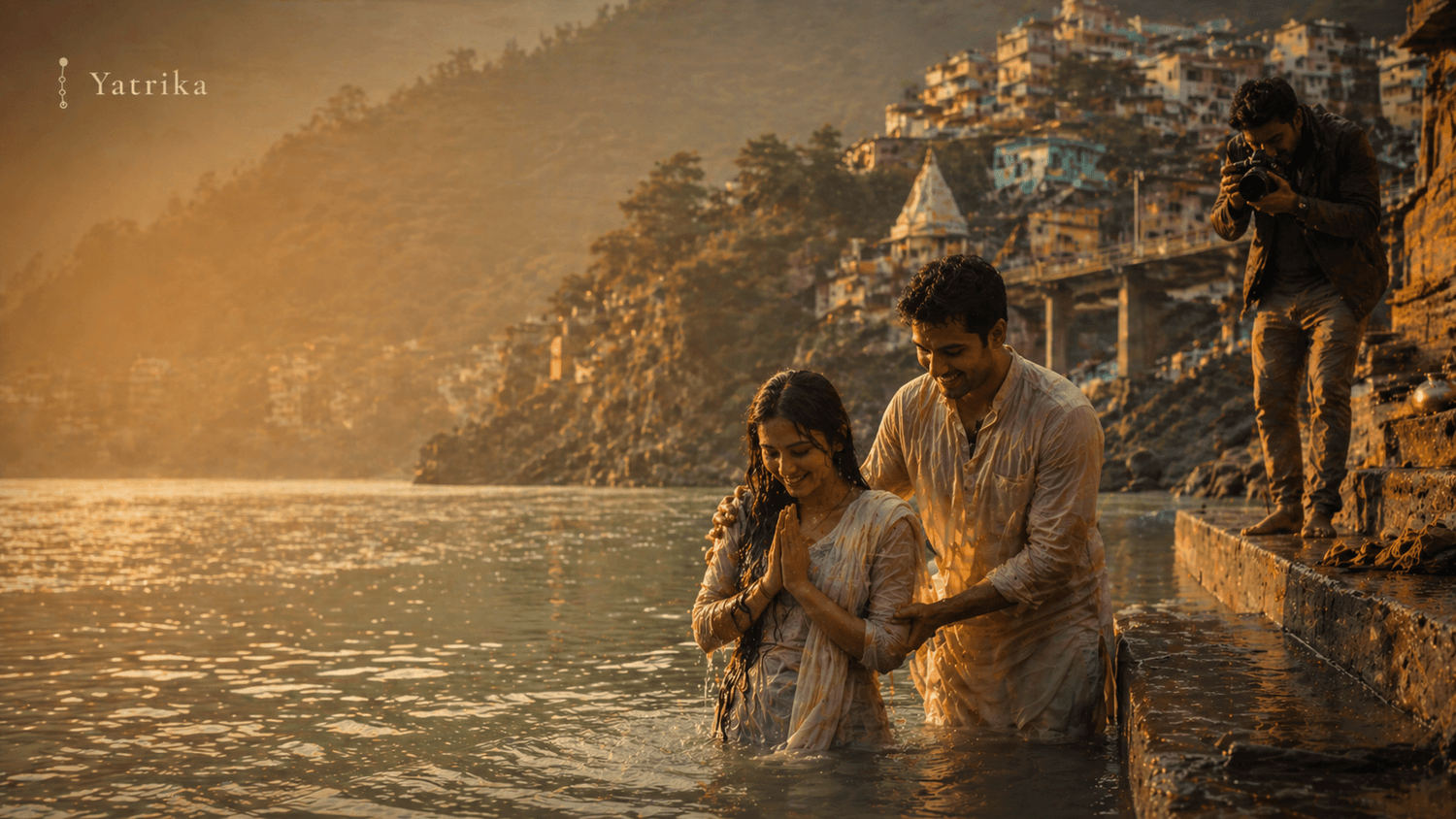 Couple taking a sacred dip at Devprayag — Yatrika Couple Yatra Packages