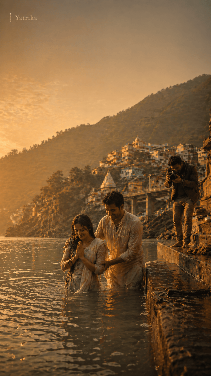 Couple taking a sacred dip at Devprayag — Yatrika Couple Yatra Packages