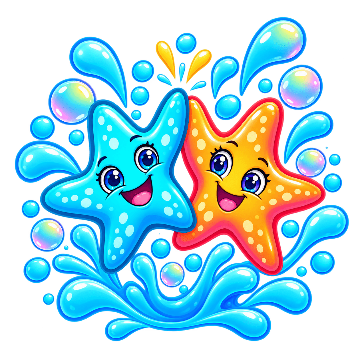 Two starfish splashing and high-fiving