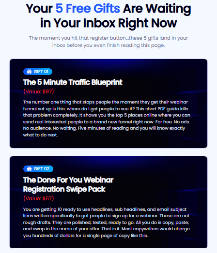 webinarclonesai-aiflipdomains-review-oto-demo-bonus-walkthrough-pricing-6-Your 5 Free Gifts