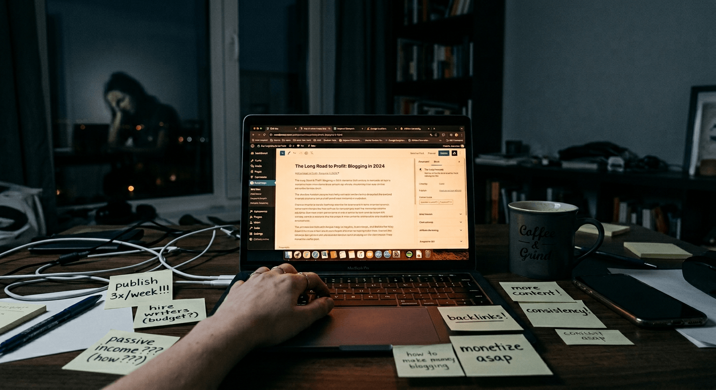 Exhausted blogger at 2AM with cluttered desk showing half-written blog posts and SEO tabs open representing content creation burnout