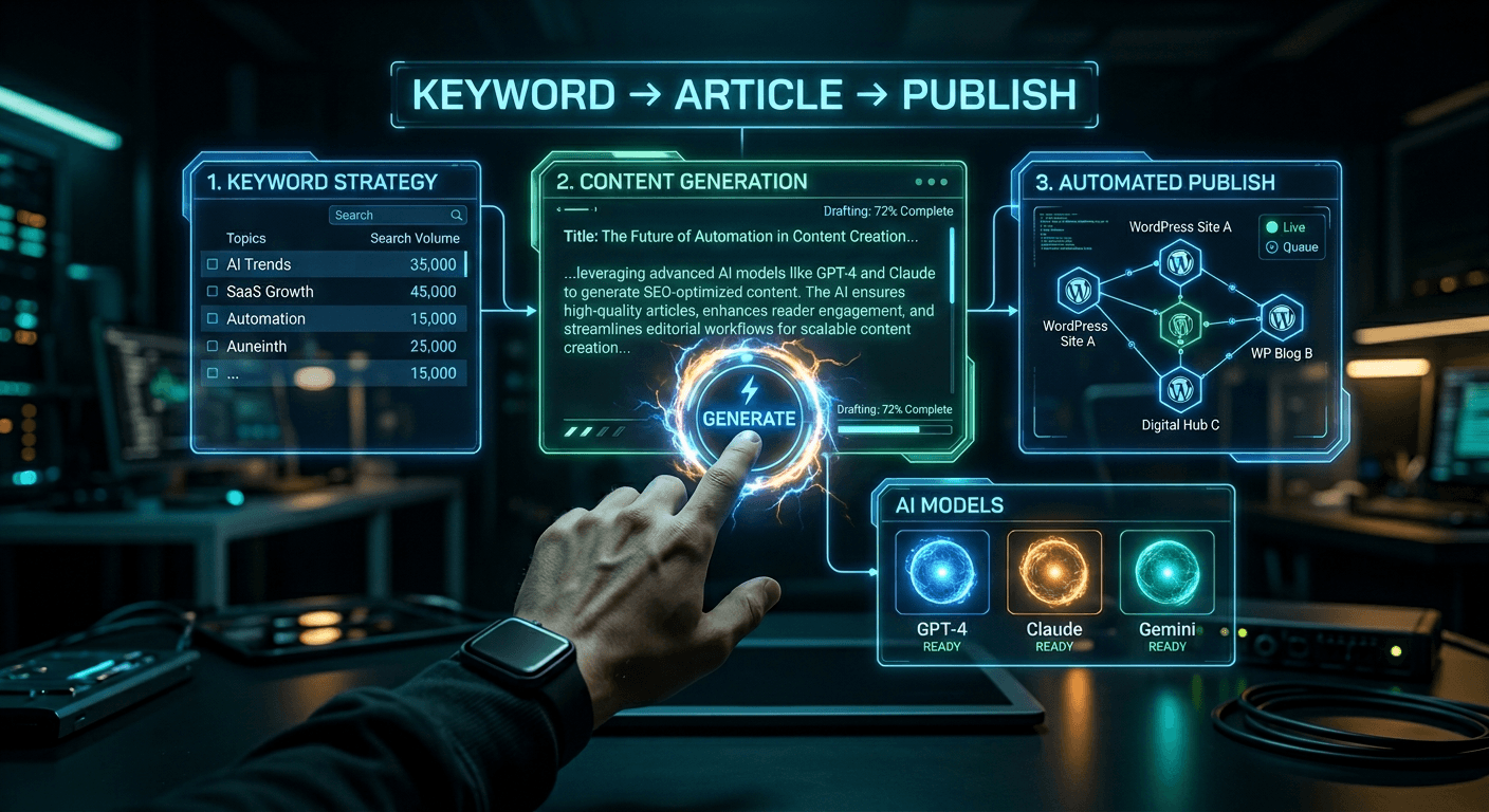 ContentRyte AI blogging dashboard showing keyword to article workflow with WordPress publishing and multiple AI models interface