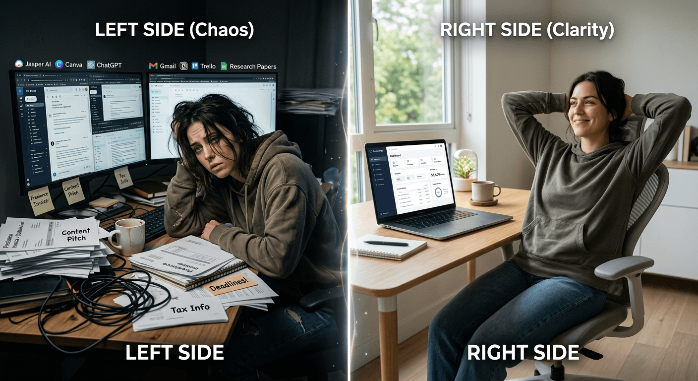 Split screen comparison showing chaotic multi-tool workflow versus streamlined ContentRyte all-in-one dashboard for AI blogging