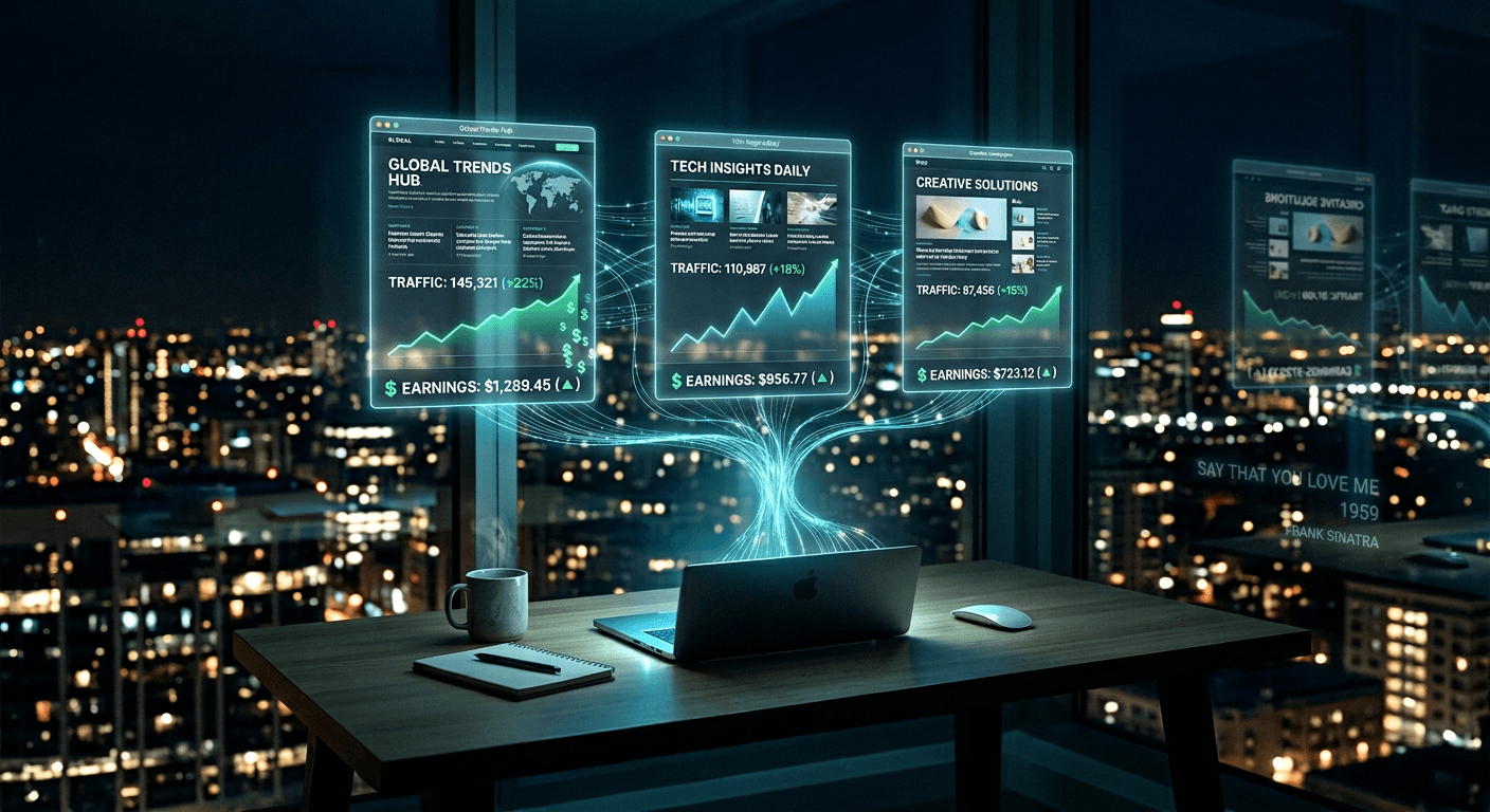 Multiple WordPress authority sites generating passive income on autopilot at night showing automated content publishing workflow