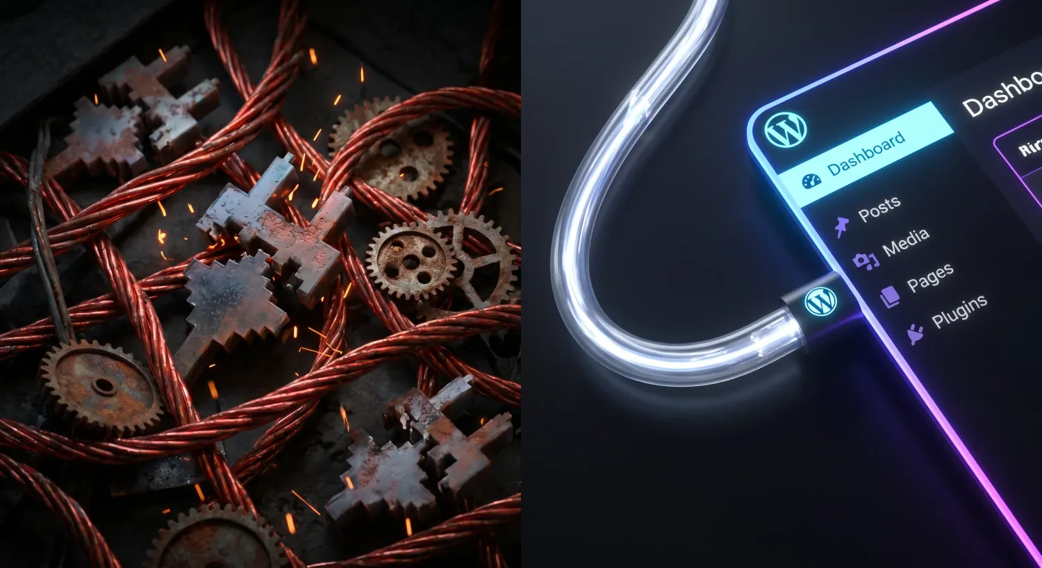 Split screen showing tangled messy wires representing multiple separate SEO tools versus a clean fiber optic cable connecting directly to a WordPress dashboard for one-click auto publishing