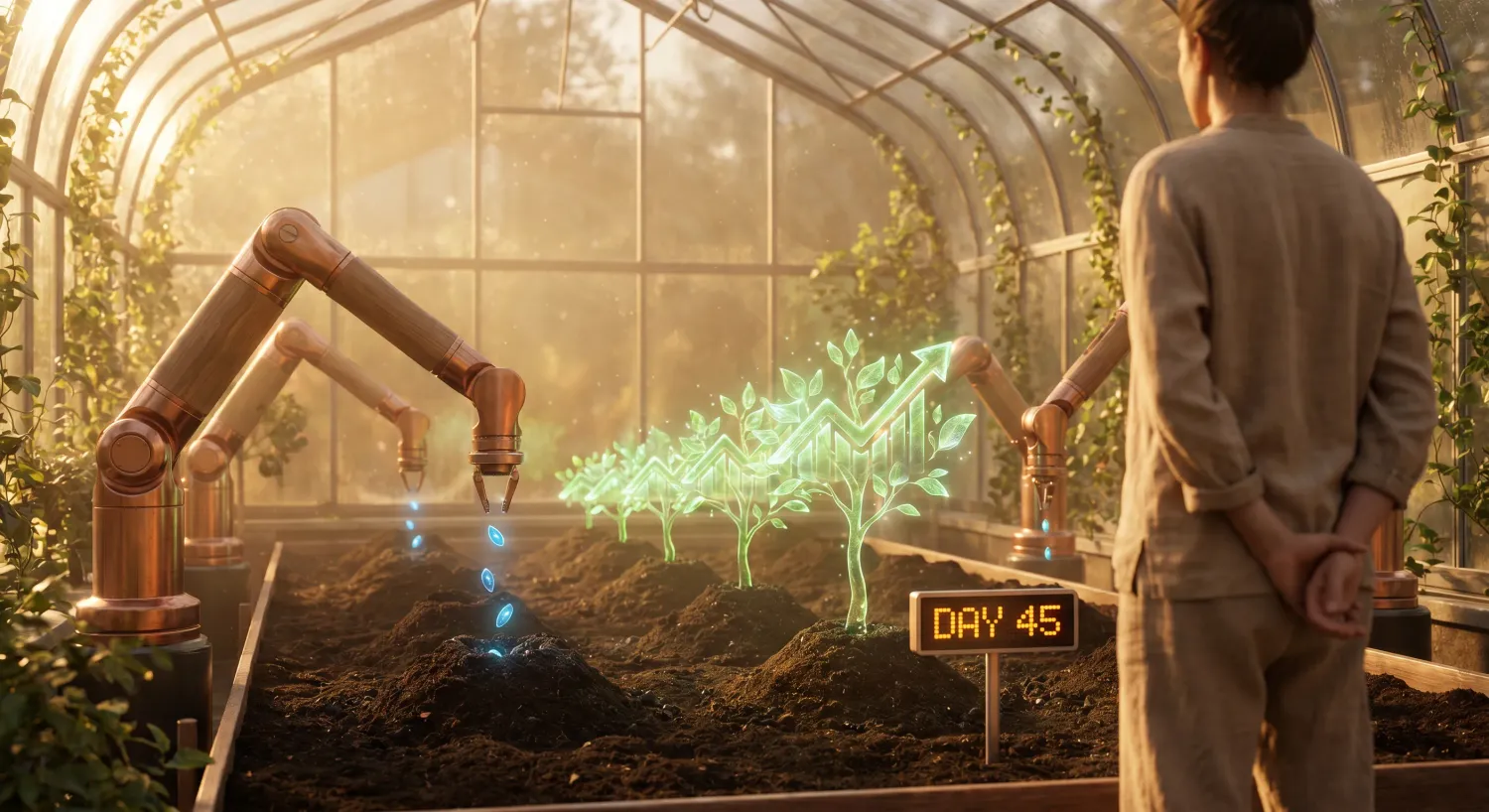 Automated robotic arms planting glowing seeds in a greenhouse with a Day 45 tag, symbolizing passive income and compounding organic traffic from an AI authority site builder