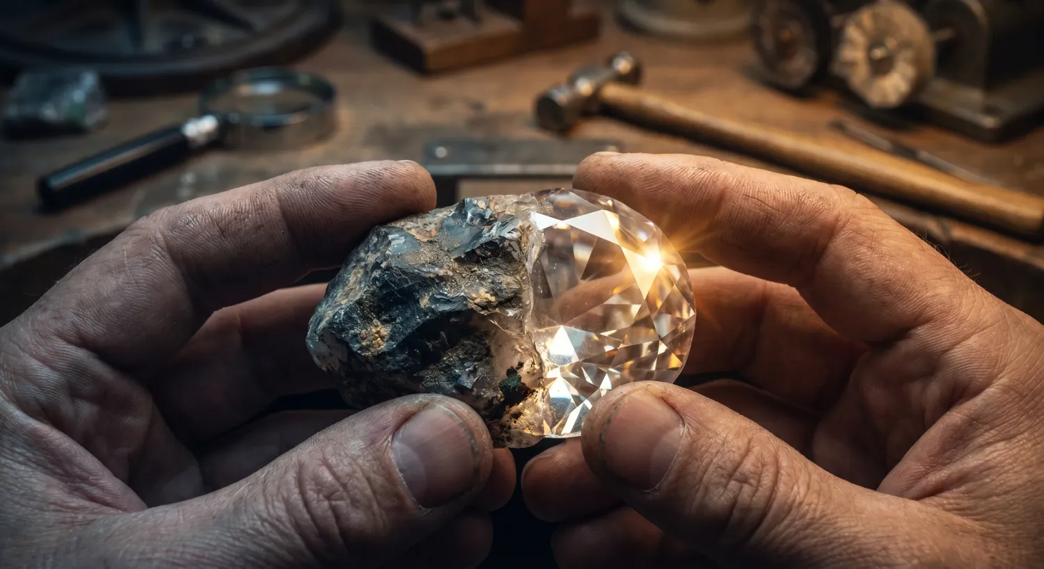 Close up of hands holding a half rough half polished gemstone on a workbench, representing raw AI generated content needing human editing and SEO optimization for Google rankings.