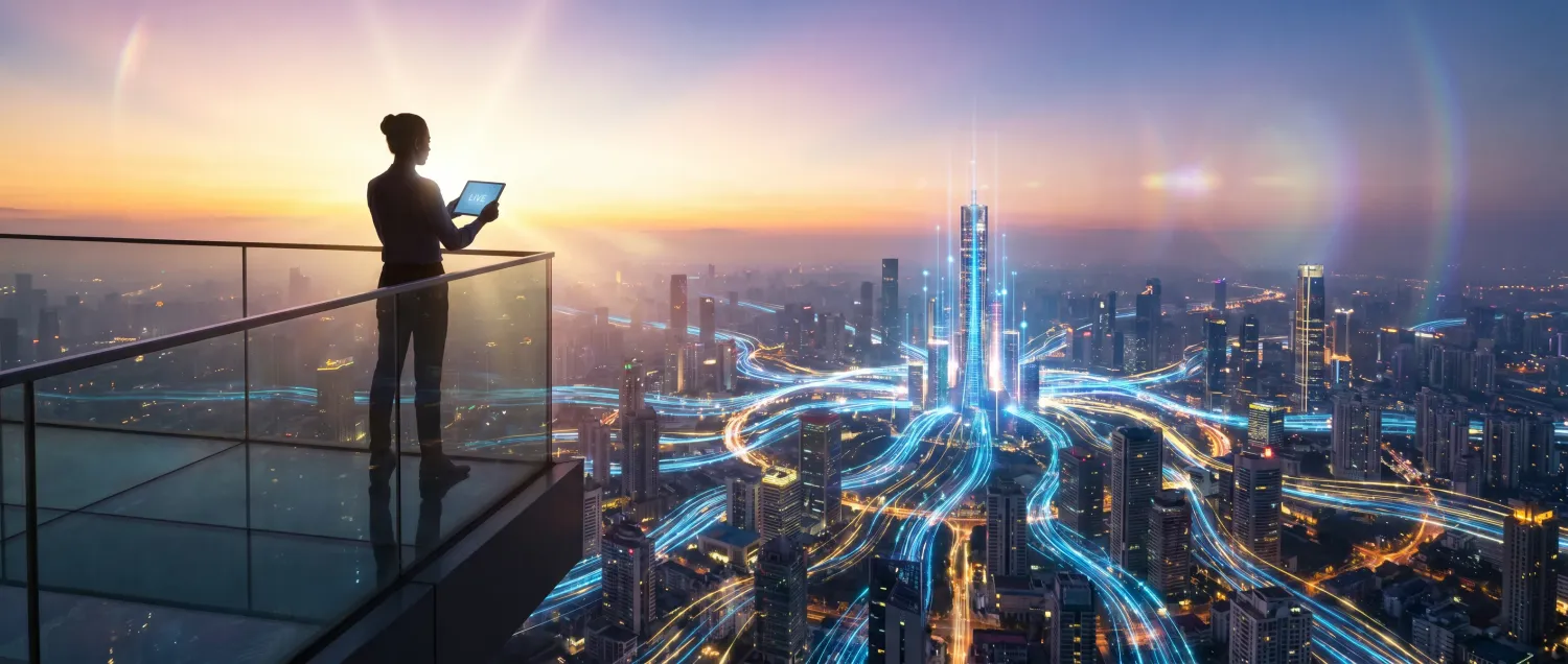 Person standing on a balcony at dawn holding a tablet with live traffic streams routing to a digital city, showing the scale of managing multiple WordPress sites with ContentRyte