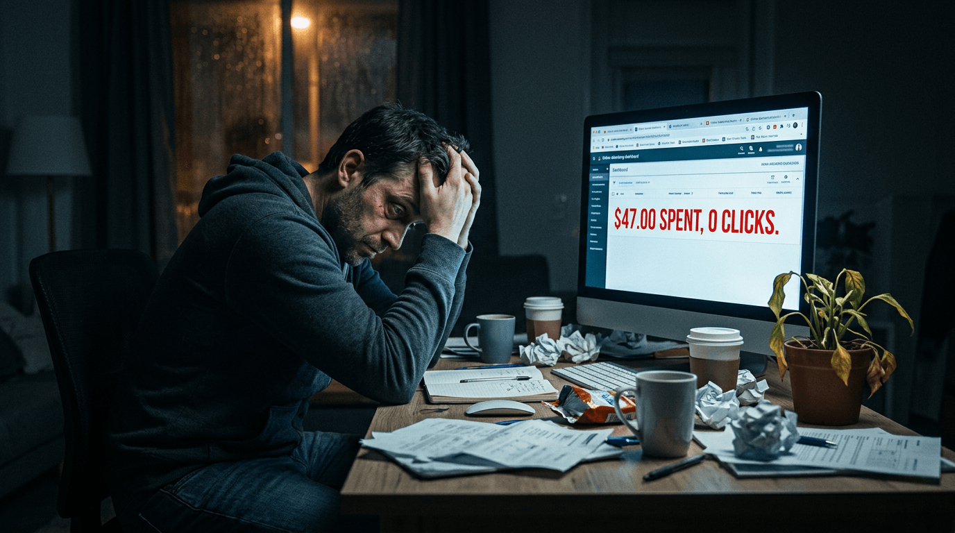 Exhausted affiliate marketer sitting at cluttered desk at 2am frustrated by expensive paid ads and zero traffic results