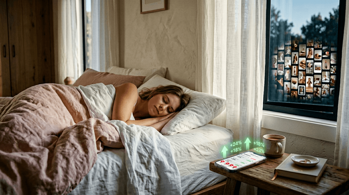 Passive income affiliate marketer sleeping while Pinterest traffic and commissions grow automatically overnight on autopilot