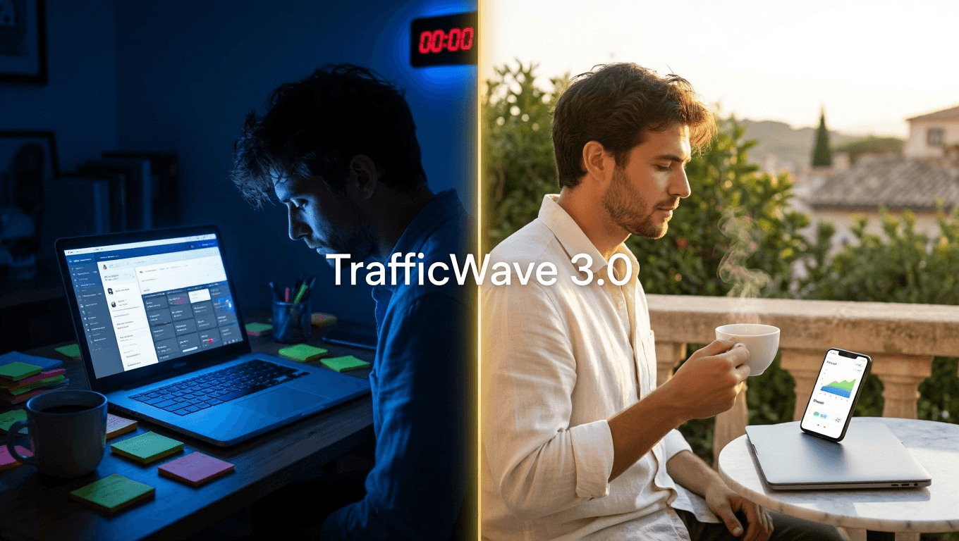 Before and after comparison showing manual Pinterest marketing chaos versus TrafficWave Generator 3.0 fully automated hands free Pinterest traffic system