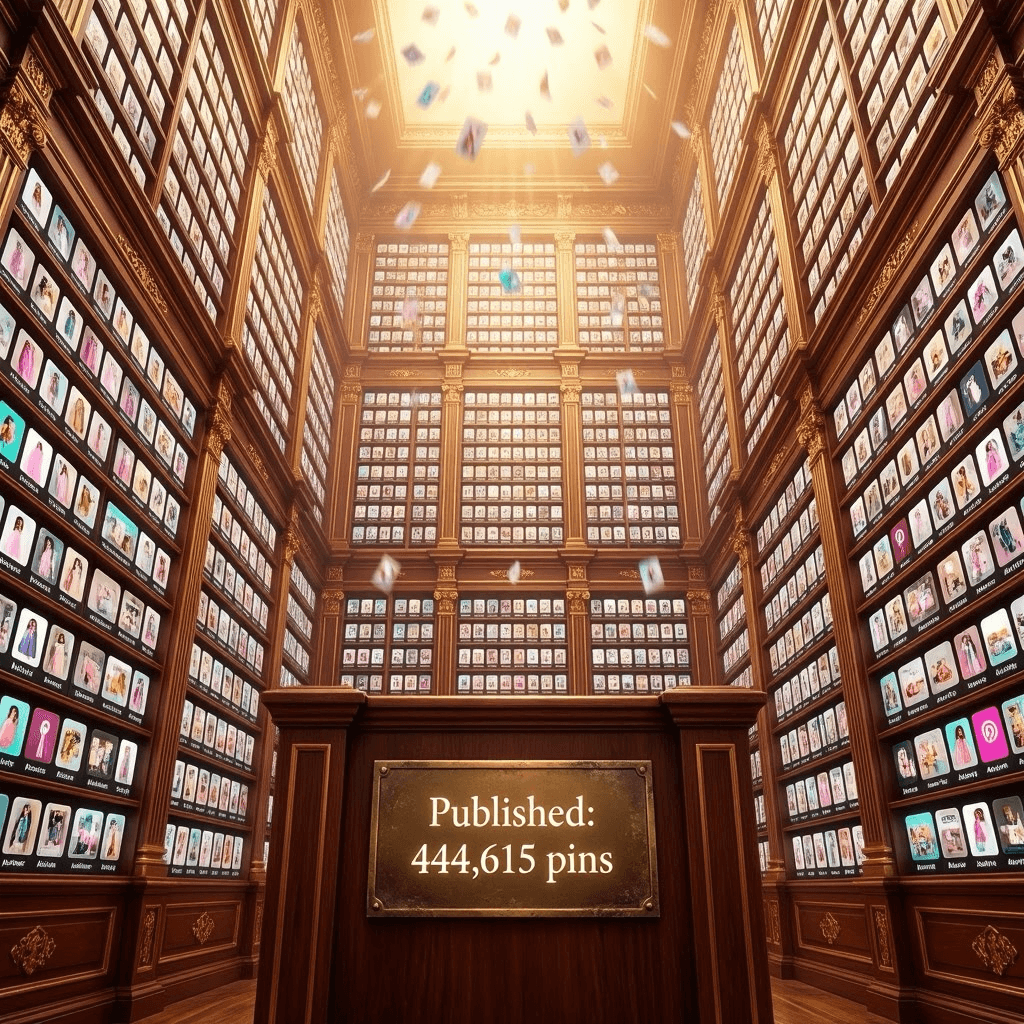 TrafficWave Generator 3.0 Pinterest pin library showing 444615 pins generated across thousands of customers building permanent compounding traffic assets