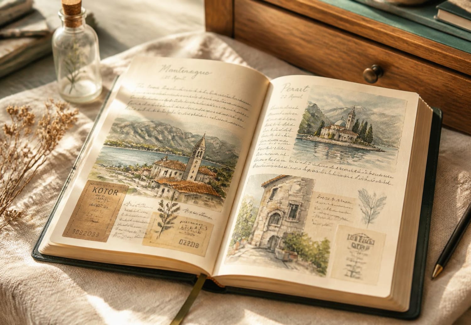 Carnet ouvert sur une table de lin, avec aquarelles et brins séchés