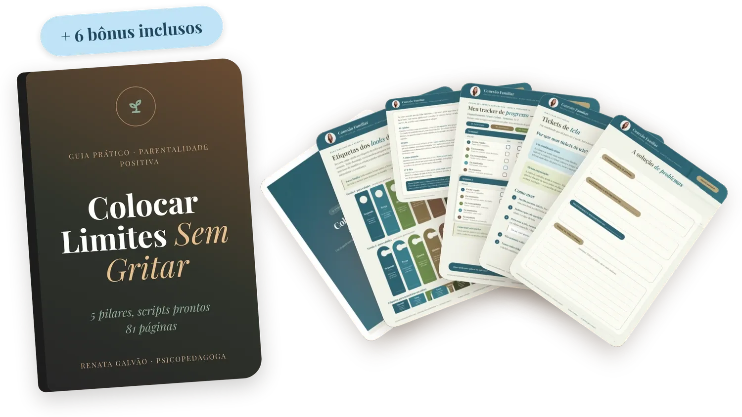 Guia Colocar Limites Sem Gritar e os 6 bônus imprimíveis: tracker, tickets de tela, cartaz dos volumes de voz, fichas de solução de problemas, etiquetas dos looks e caderno prático