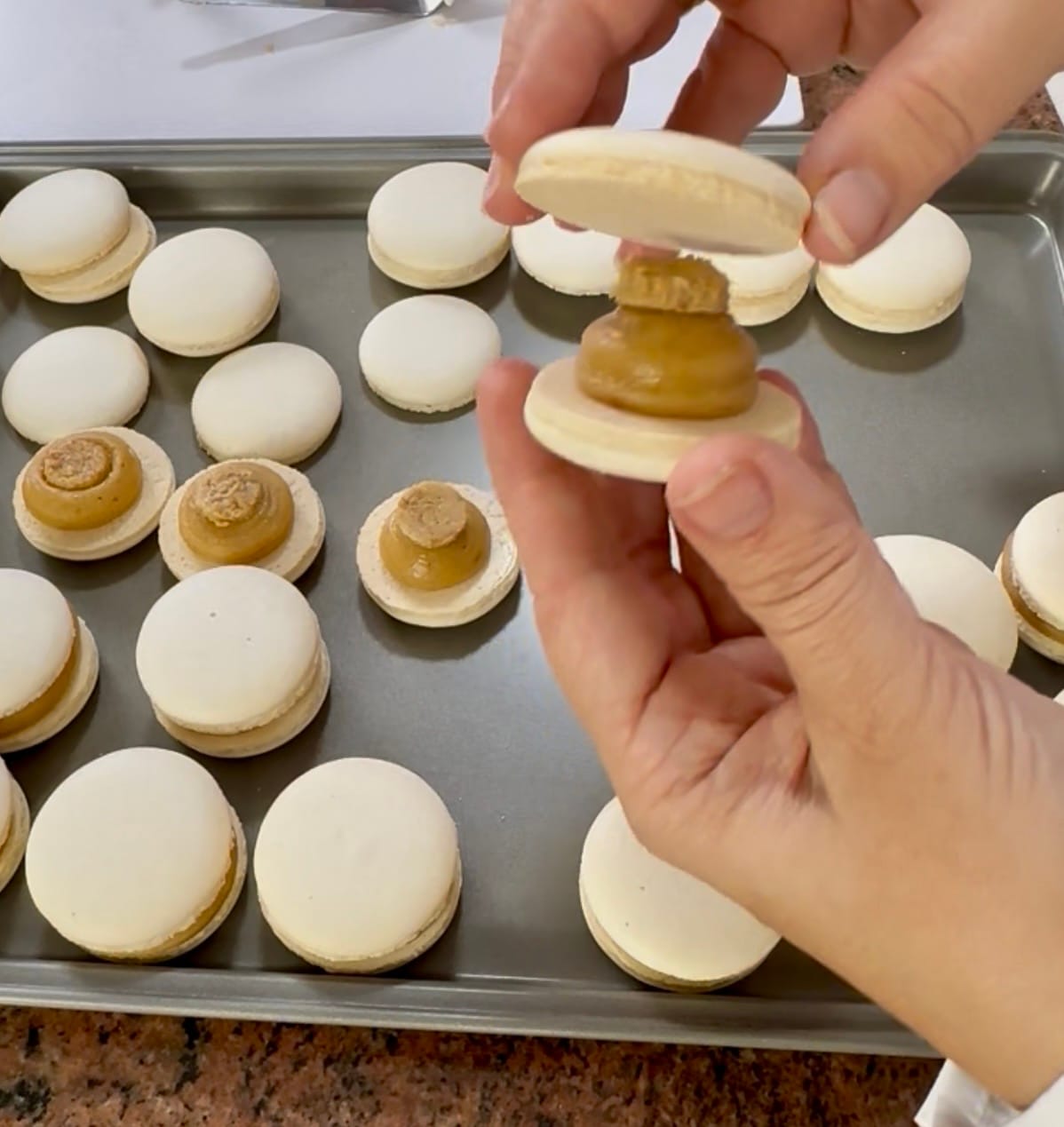 Assembling macarons with hazelnut ganache and a nut crunchy insert