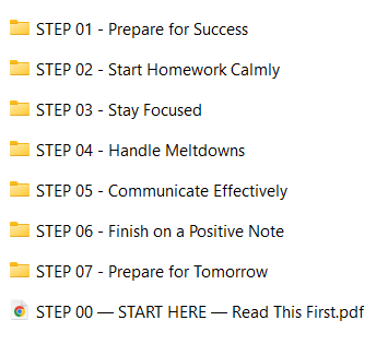 Complete download folder structure showing START HERE and STEP 01 through STEP 07 inside The Calm Homework System