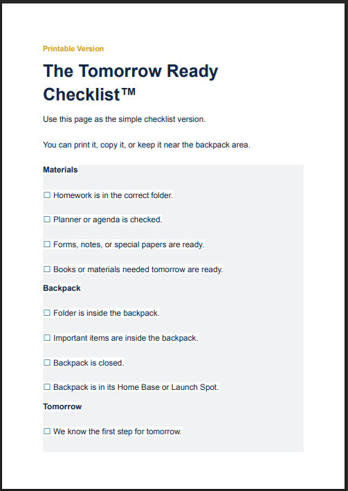 Tomorrow Ready Checklist with materials, school bag, and tomorrow sections