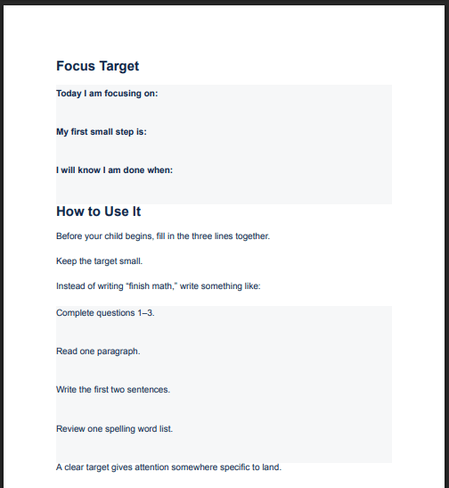 Focus Target Sheet with first small step and completion target