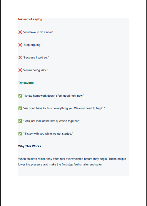 Calm Homework Scripts showing Instead of saying and Try saying examples