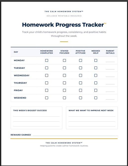 Homework Progress Tracker printable weekly tracker
