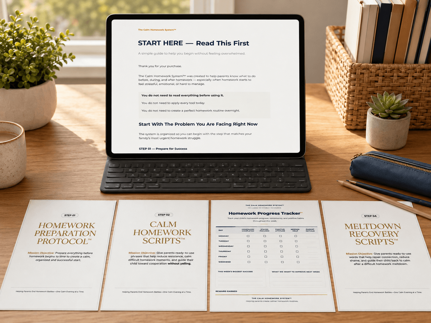 The Calm Homework System digital toolkit showing START HERE, Homework Preparation Protocol, Calm Homework Scripts, Homework Progress Tracker, and Meltdown Recovery Scripts