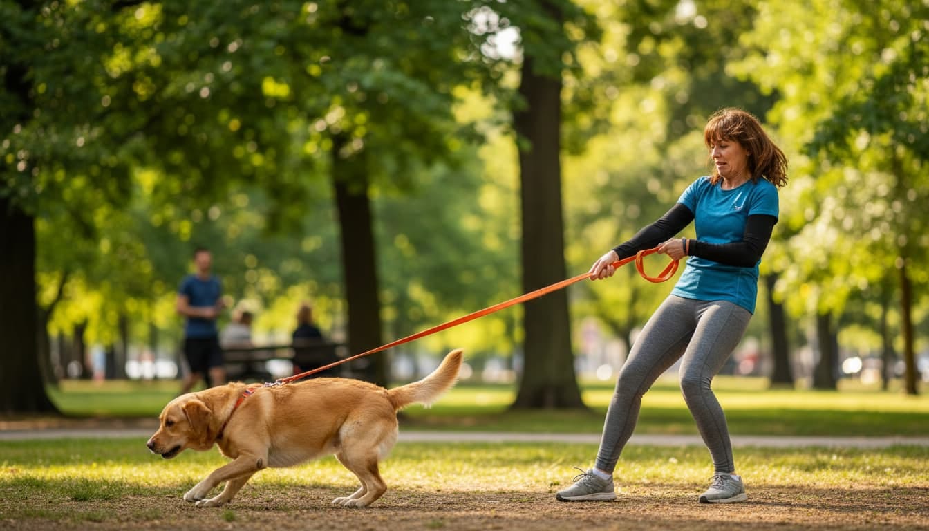 Hund zieht an der Leine im Park